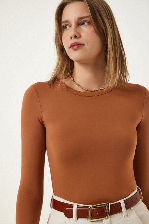 Женская светло-коричневая базовая трикотажная блузка с круглым вырезом из вискозы RX00048