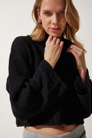 Женская черная водолазка с текстурированным сезонным трикотажным свитером MW00133