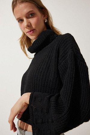 Женская черная водолазка с текстурированным сезонным трикотажным свитером MW00133