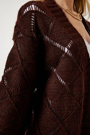 Женский коричневый ажурный трикотажный кардиган с ромбовидным узором MC00212