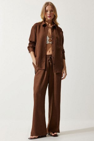 Женский коричневый комплект из рубашки и брюк оверсайз MP00025