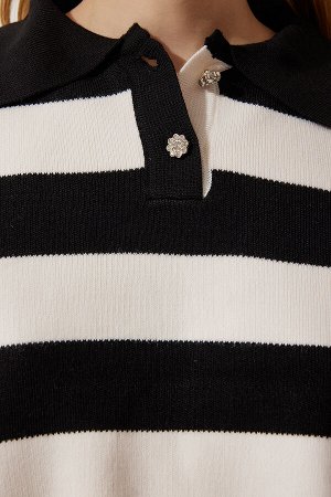 Женский черно-белый стильный укороченный трикотаж в полоску с воротником на пуговицах, свитер BV00115