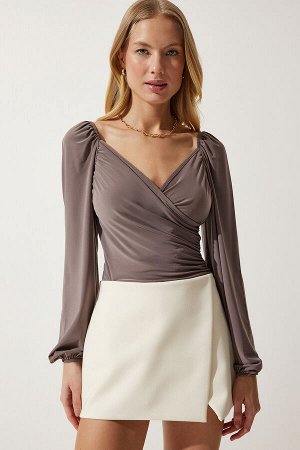 Женская норковая эластичная блузка с воздушными рукавами песочного цвета FF00154