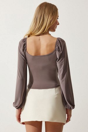 Женская норковая эластичная блузка с воздушными рукавами песочного цвета FF00154