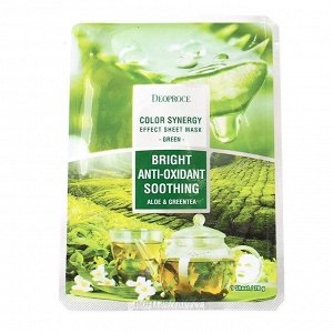 DEOPROCE COLOR SYNERGY EFFECT SHEET MASK GREEN 20g*10ea. ТКАНЕВАЯ МАСКА «АЛОЭ И ЗЕЛЕНЫЙ ЧАЙ»