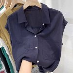 Женская рубашка с короткими рукавами и накладными карманами, темно-синий