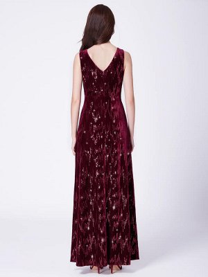 Красивое бордовое вечернее платье с V-образным вырезом с блестками