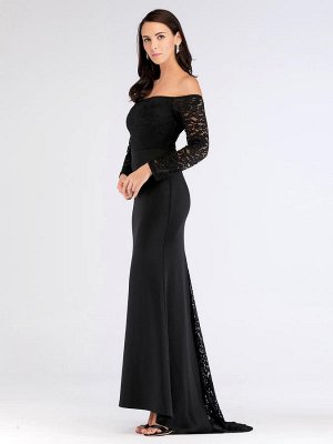 Элегантное черное вечернее платье с открытыми плечами, рукавами и шлейфом