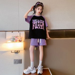Костюм двойка для девочки (футболка + шорты, цвет черный/фиолетовый, с принтом)