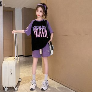 Костюм двойка для девочки (футболка + шорты, цвет черный/фиолетовый, с принтом)