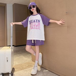 Костюм двойка для девочки (футболка + шорты, цвет белый/фиолетовый, с принтом)