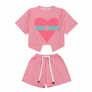 Костюм двойка для девочки (футболка + шорты, цвет розовый, с принтом)