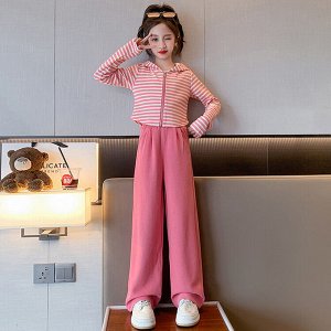 Костюм двойка для девочки (кофта на молнии + широкие штаны, цвет розовый, принт "полоска")