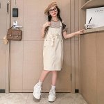 Костюм двойка для девочки (футболка + сарафан, цвет бежевый, с принтом)
