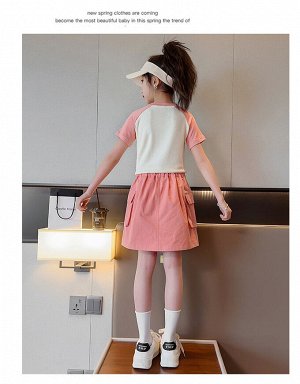 Костюм двойка для девочки (футболка + юбка, цвет розовый, с принтом, с поясом)