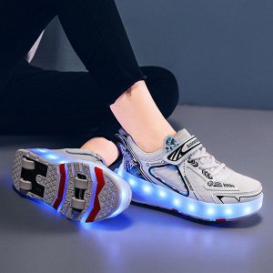 Подростковые кроссовки с роликами и подсветкой, цвет белый, с принтом