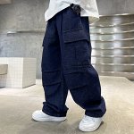Широкие джинсы для мальчика с карманами, цвет темно-синий