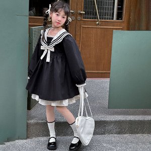 Платье для девочки с длинным рукавом, цвет черный/белый, с ажурным воротником