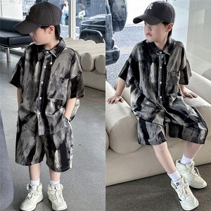 Костюм для мальчика (рубашка с коротким рукавом + шорты, цвет черный/серый, с принтом)