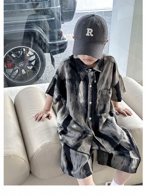 Костюм для мальчика (рубашка с коротким рукавом + шорты, цвет черный/серый, с принтом)