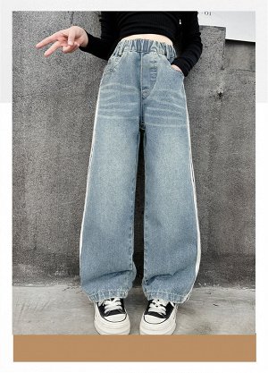 Широкие джинсы для девочки с лампасами, цвет черный