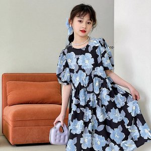 Платье с коротким рукавом для девочки, цвет черный/голубой, принт "цветы"