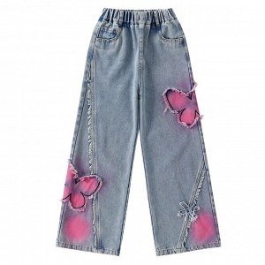 Широкие джинсы для девочки, цвет синий, принт "бабочки"