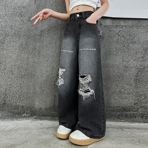 Широкие джинсы для девочки, цвет черный, с потертостями
