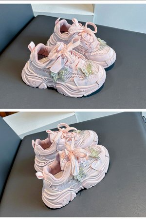 Кроссовки для девочки на шнурках и липучках, розовые с бабочками