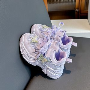 Кроссовки для девочки на шнурках и липучках, фиолетовые с бабочками