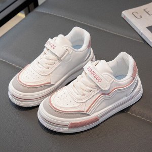 Кроссовки для девочки на шнурках и липучках, белые с розовым декором