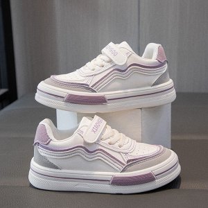 Кроссовки для девочки на шнурках и липучках, белые с фиолетовым декором