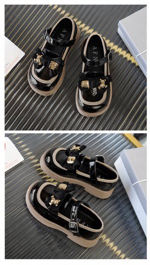 Туфли для девочки лаковые с застежкой и бантом, черного цвета с бежевым декором