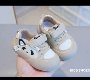 Кроссовки для малышей на шнурках и липучке, бежевые с пандой