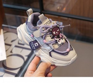 Кроссовки детские на шнурках и липучках, светлые с фиолетовыми вставками