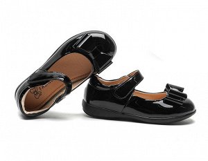 Туфли для девочки из лаковой эко-кожи школьные с застежкой, черные с бантом на носке