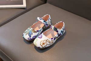 Туфли для девочки с застежкой, с цветочным принтом, белые с сине-зеленым рисунком