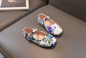 Туфли для девочки с застежкой, с цветочным принтом, белые с сине-зеленым рисунком