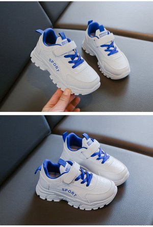 Кроссовки детские на шнурках и липучках, белые с синим