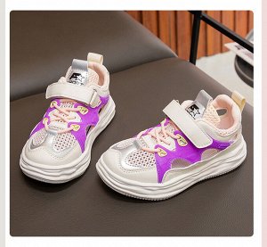 Кроссовки для девочки на шнурках и липучках дышащие, серо-фиолетовые