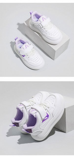 Кроссовки для девочки на шнурках и липучках, белые с фиолетовым декором