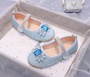 Туфли для девочки с застежкой и красивой пряжкой из страз, голубые с серебром