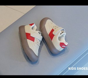 Кроссовки детские на шнурках и липучках, бежевые с красными вставками