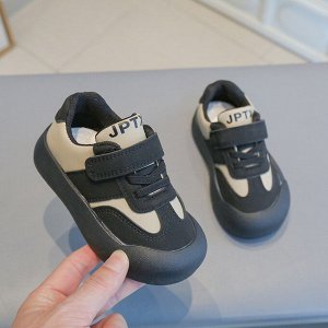 Кроссовки детские на шнурках и липучках, черные с бежевым