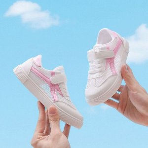 Кеды для девочки на шнурках и липучках, белые с розовыми вставками сетчатые