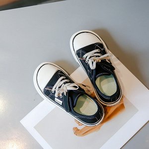 Кеды детские на шнурках и липучках, черные с белым декором