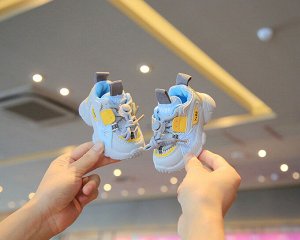 Кроссовки детские с затягивающейся шнуровкой, серо-голубые с желтым декором