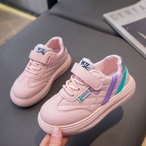 Кроссовки для девочки на шнурках и липучках, розовые с цветными полосками