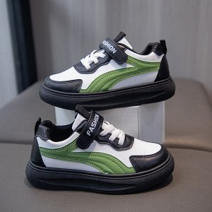Кроссовки для мальчика на шнурках и липучках, белые с черным и зеленым