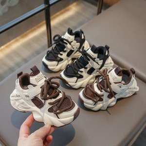 Кроссовки детские на шнурках и липучках, бело-коричневые